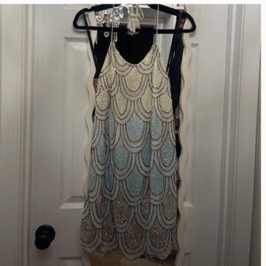 NBD size small cream and light blue beaded halter dress with scallop bottom